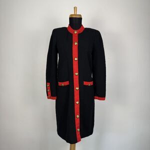 Vintage 1980s Adolfo New York Black Boucle Long Cardigan Knit Coat Dress